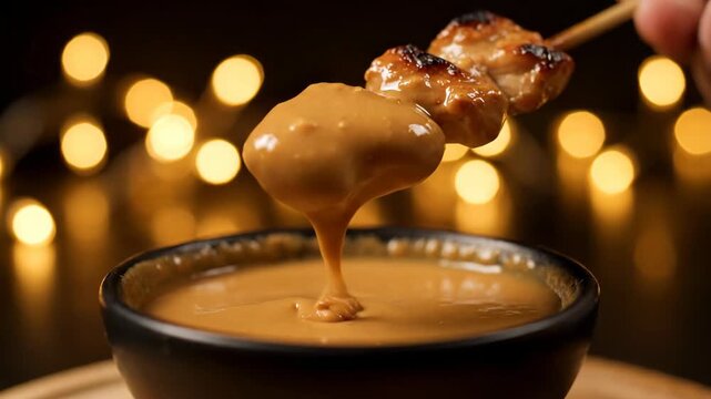 Close-up of grilled meat satay being dipped into creamy peanut sauce, a delicious example of Javanese cuisine, captured in detailed 4k footage