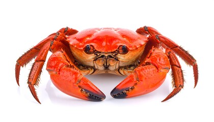A close-up of a cooked, vibrant red crab, viewed from the front, set against a clean, white background. The crab has prominent claws and expressive eyes