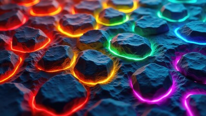 Detailed view of an abstract, digital artwork showcasing a textured landscape with numerous stone-like formations; vibrant neon outlines encircle each element, creating an eye-catching display of...