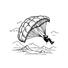 Bold illustration of a solo paraglider soaring above mountainous terrain on a clear day adventure