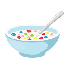 A light blue bowl of colorful fruity cereal with a silver spoon