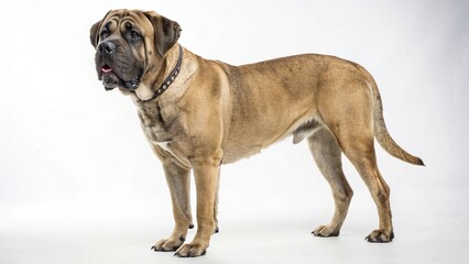 Obraz premium Mastiff Mix dog with large muscular body, expressive face, and short coat, standing on a clean white studio background, realistic mixed breed large dog portrait, sharp focus, professional lighting