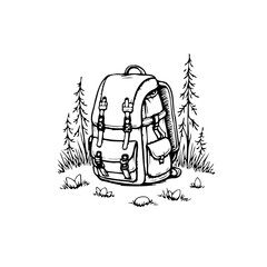Classic hiking backpack nestled among trees, evokes adventurous exploration in the wilderness