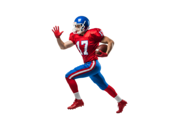 An american football player in action, running with the ball. The athlete is wearing red and blue uniform