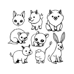 Collection of endearing animal character line drawings showcasing various cuddly creatures in a