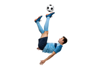 A soccer player in mid-air performs a skillful overhead kick with a soccer ball. He demonstrates agility and athleticism with every move.