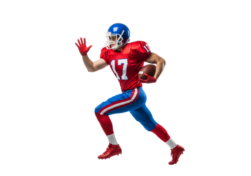 An american football player in action, running with the ball. The athlete is wearing red and blue uniform - Powered by Adobe