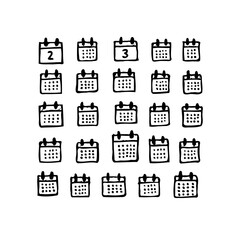 Collection of Hand-Drawn Calendar Icons Representing Scheduling Events and Time Management with