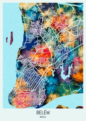 Belem Brazil City Map. Watercolor city, watercolor paint, modern city, urban city, hand paint, travel city, travel destination, city background, city banner, city colorful paint