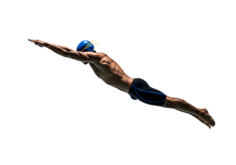 A swimmer diving with streamlined form, demonstrating athleticism and grace