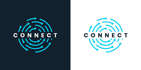 Connection logo design with circular network and futuristic digital technology concept