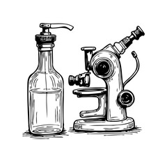 Conceptual sketch showcases juxtaposition of liquid soap dispenser and scientific microscope