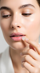 Close-up of a young woman applying a clear lip balm or moisturizer to her lips with her finger, focusing on lip care and hydration.