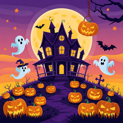 Fototapeta premium Spooky haunted house with pumpkins and ghosts in halloween night