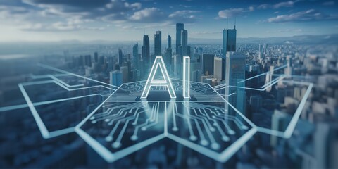 AI Letters, Circuit Board Pathways Overlooking a Futuristic Smart City Skyline, Advanced Urban Technology. Development & Connectivity, Connected Metropolis. Digital Infrastructure and AI Integration