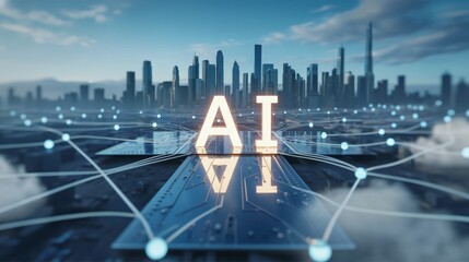 AI Letters, Circuit Board Pathways Overlooking a Futuristic Smart City Skyline, Advanced Urban Technology. Development & Connectivity, Connected Metropolis. Digital Infrastructure and AI Integration