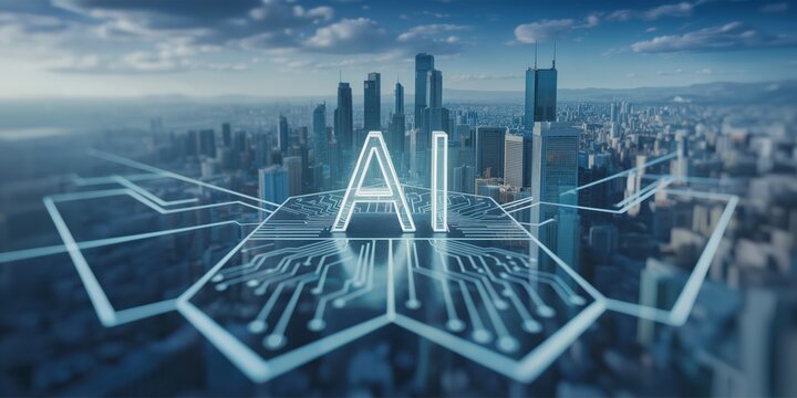 AI Letters, Circuit Board Pathways Overlooking a Futuristic Smart City Skyline, Advanced Urban Technology. Development & Connectivity, Connected Metropolis. Digital Infrastructure and AI Integration