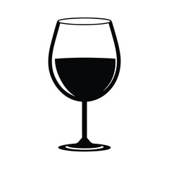 Simple black and white illustration of a wine glass filled with liquid