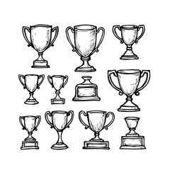 Diverse collection of hand drawn trophy illustrations showcasing success recognition achievement