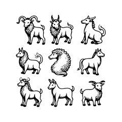 Diverse domesticated livestock silhouettes showcasing varied horn shapes and coat textures in