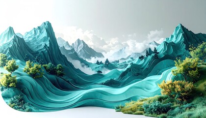 Depicting a serene and stylized landscape, the artwork showcases abstract turquoise mountains and rolling hills, adorned with vibrant green trees, against a soft, cloudy sky.