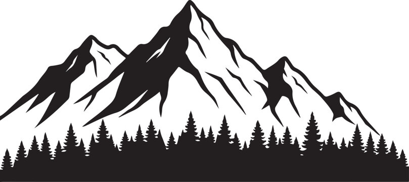 Majestic mountain range silhouette with dense evergreen forest below against a white background, Generative Ai
