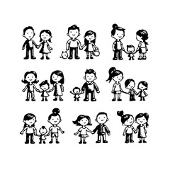 Diverse family representations in minimalistic black and white illustrations showcasing unity
