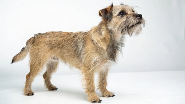 Mauzer dog with small to medium build, wiry coat, and expressive eyes, standing on a clean white studio background, realistic Maltese Schnauzer mix portrait, sharp focus, professional lighting