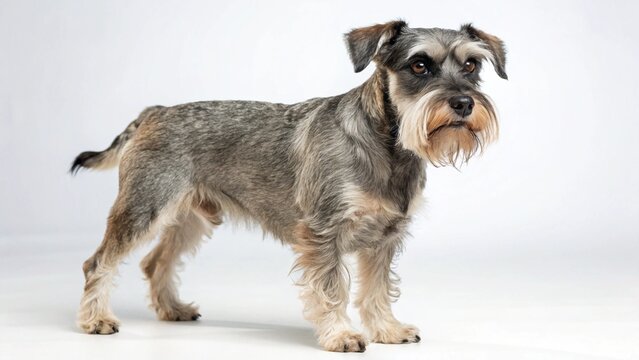 Mauzer dog with small to medium build, wiry coat, and expressive eyes, standing on a clean white studio background, realistic Maltese Schnauzer mix portrait, sharp focus, professional lighting