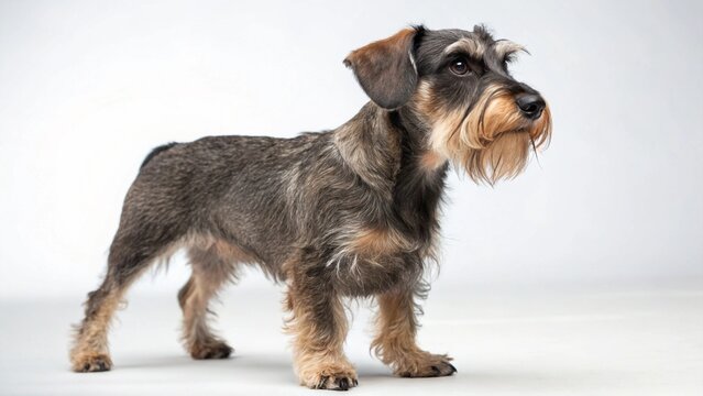 Mauzer dog with small to medium build, wiry coat, and expressive eyes, standing on a clean white studio background, realistic Maltese Schnauzer mix portrait, sharp focus, professional lighting