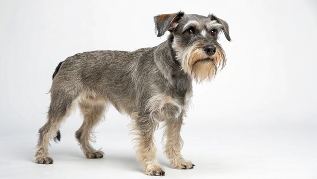 Mauzer dog with small to medium build, wiry coat, and expressive eyes, standing on a clean white studio background, realistic Maltese Schnauzer mix portrait, sharp focus, professional lighting