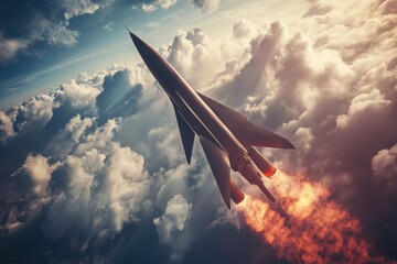 Fototapeta premium Rocket ascending through clouds during launch under a clear blue sky