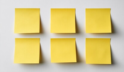 Fototapeta premium Six square yellow sticky notes arranged in a grid pattern on a plain white surface