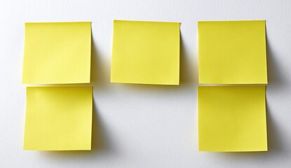 Six blank yellow sticky notes arranged on a white surface