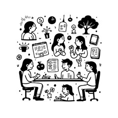Doodle illustration showing people collaborating around a table with diverse icons and elements