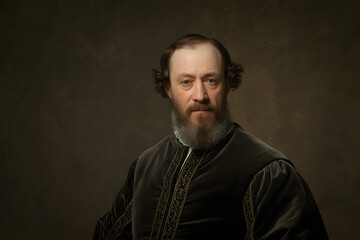 Fototapeta premium Portrait of a Man: A dignified gentleman with a full beard, dressed in period attire, gazes with a commanding presence against a softly-lit background.