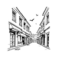 Drawing of a quaint european street with old buildings and birds flying overhead offering a