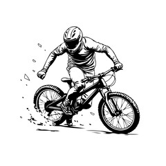 Dynamic monochromatic illustration showcasing a mountain biker speeding across rugged terrain