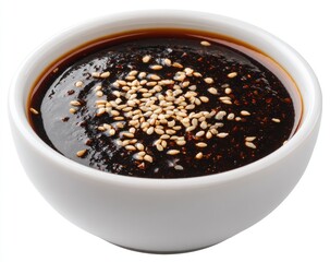A small, round, white bowl filled with a dark, glossy sauce.  Sesame seeds are sprinkled on top