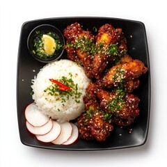 Spicy glazed chicken wings served with rice and radish