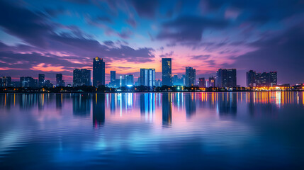 Fototapeta premium City Skyline at Dusk Reflecting on Calm Water Surface