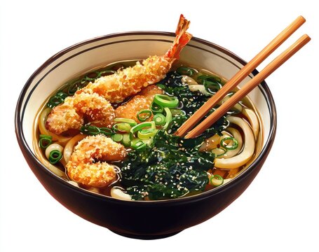 Bowl of udon noodles with tempura shrimp, topped with seaweed
