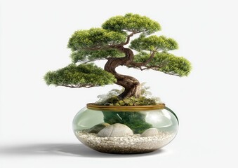 A bonsai tree in a glass bowl.  Detailed,  lush,  zen
