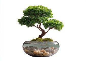 Bonsai tree in a clear glass bowl with pebbles and water