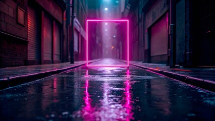 Obraz premium Neon square glowing in a misty urban alley at night creating a surreal atmosphere