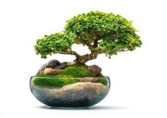 Small bonsai tree in a clear glass bowl,  with moss, rocks, and sand.  Green foliage,  small branches,  and a sculpted trunk.  Isolated on a white background