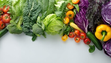 Fresh, colorful vegetables arranged in a horizontal, rainbow-like pattern on a white surface
