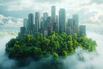 Fototapeta premium Urban skyscrapers rising from a lush green island surrounded by misty clouds at dawn