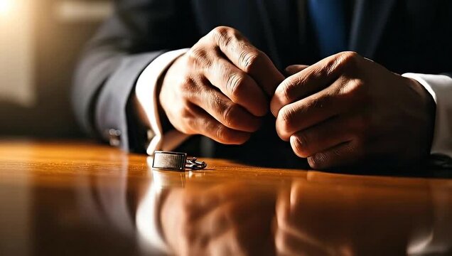 Focus on male hands in a suit. A cufflink lays on a reflective table. Shadow and light effects are dramatic