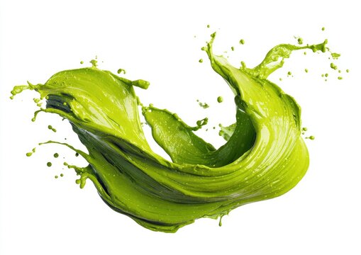 Vibrant lime green liquid splash, swirling in a dynamic arc against a white background